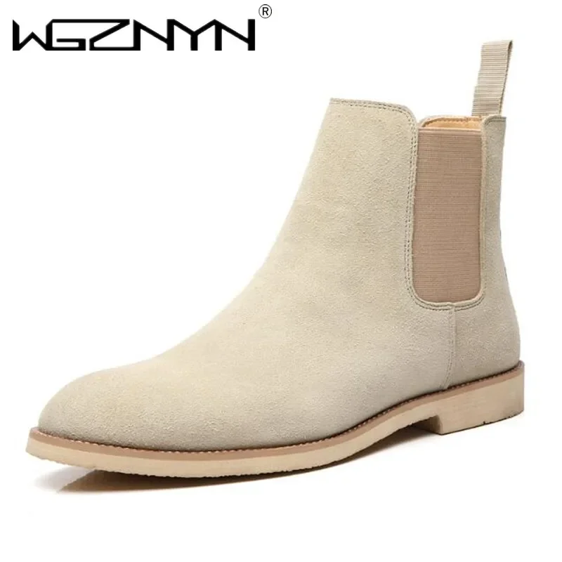 Fashion Yellow Chelsea Boots Men Pointed Comfortable Dress Boots Men Slip On Cheap Women Men\'s Suede Shoes Zapatos Hombre Casual