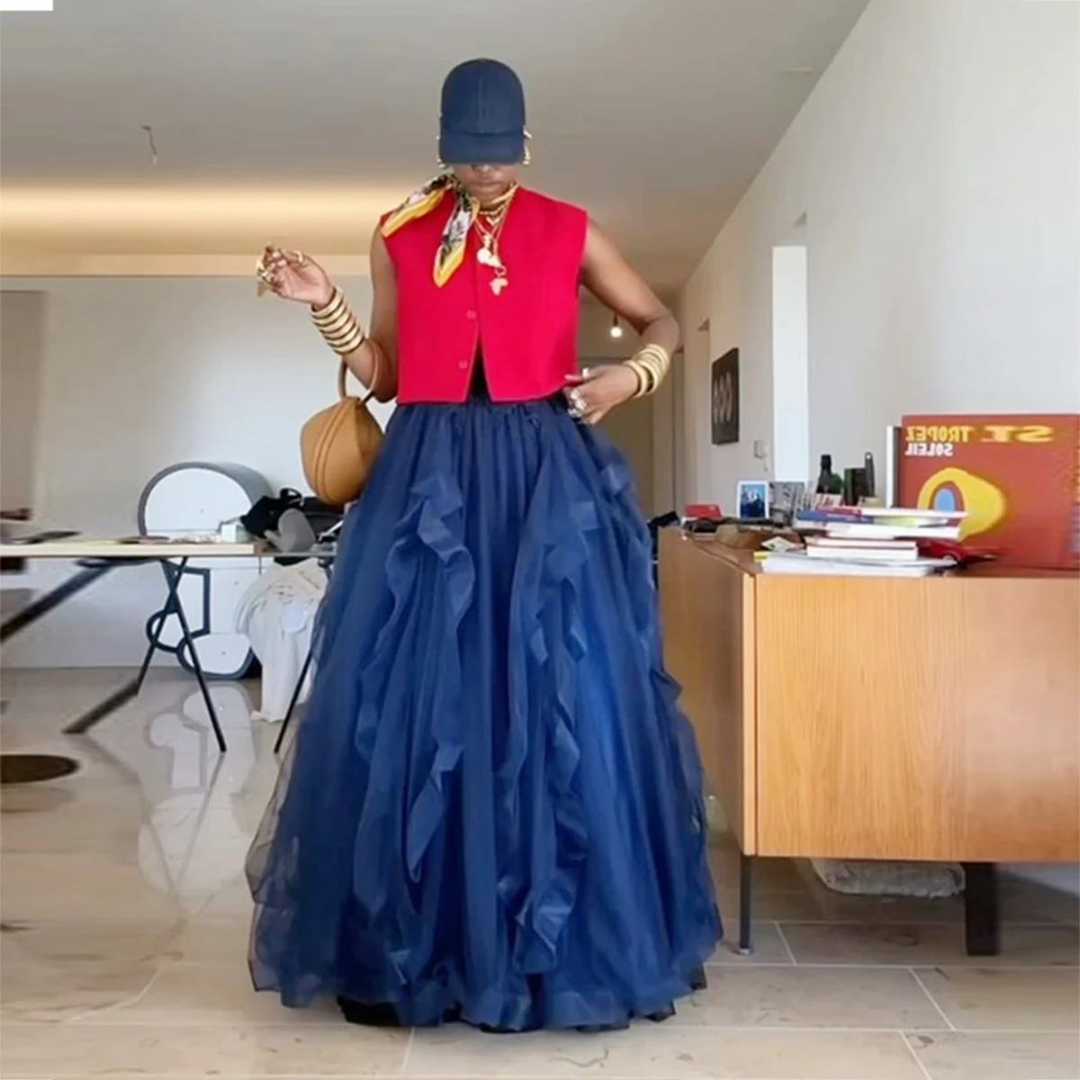 

Navy Blue Puffy Long Skirt Elastic Waist Ruffles Tulle Floor Length Women Skirts Custom Color And Size Tutu Skirt Jupe Kleider