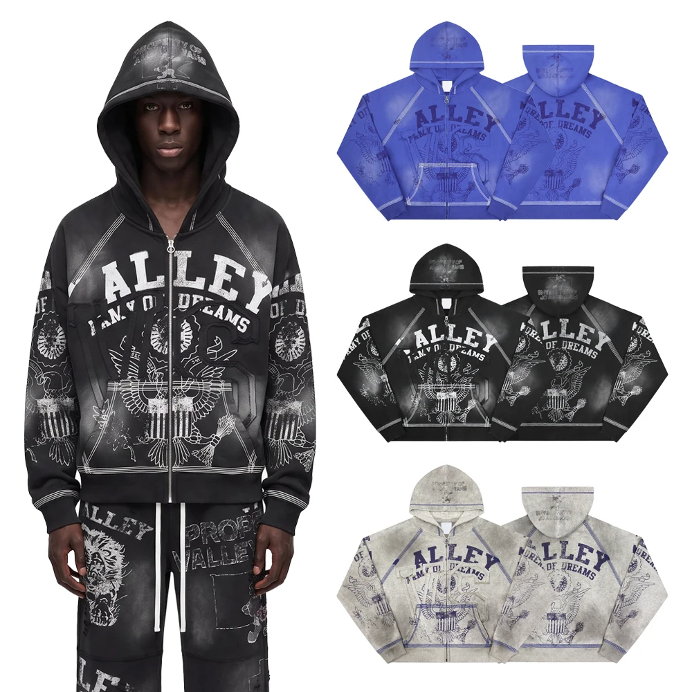 Y2k American Streetwear Retro Letter Graphic Zip Up Hoodies with Embroidery Hiphop Street Style Cotton Distressed Casual Hoodies