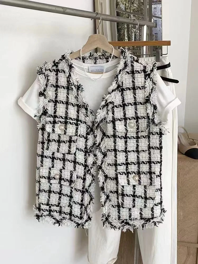 

Vintage Plaid Svel Vest Women's Loose Frayed Small Fraance Sle Jaet V-ne Commute Sle Triacetate Fiber
