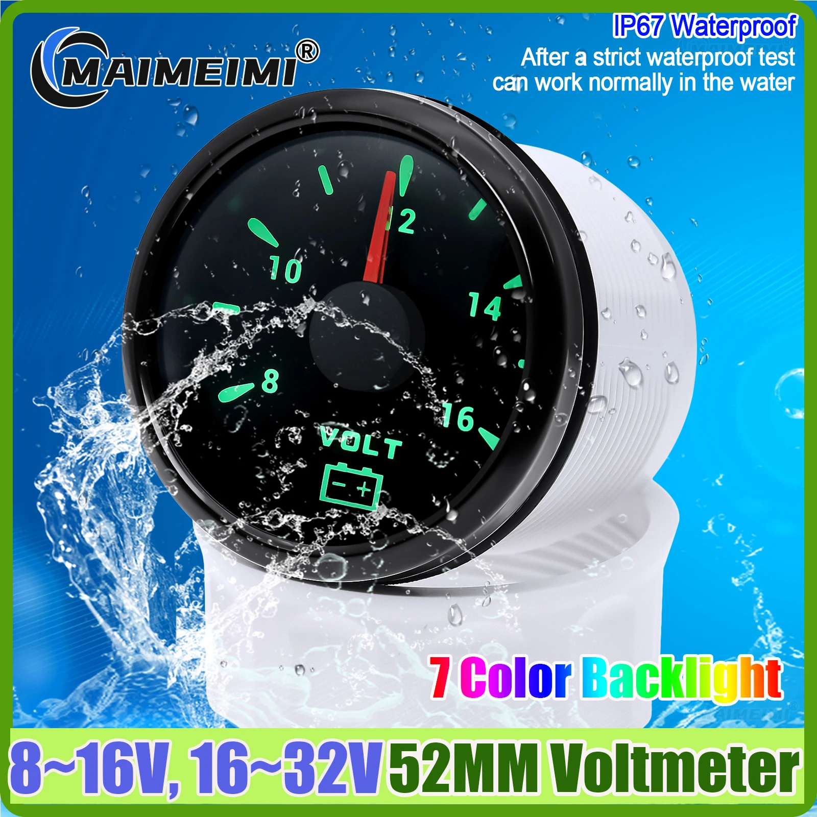 8-16V,16~32V 52MM Voltmeter for Universal Auto Car Boat Yacht Truck Voltage Gauge 7 Color Light Waterproof VOLTS Meter 12V24VDC