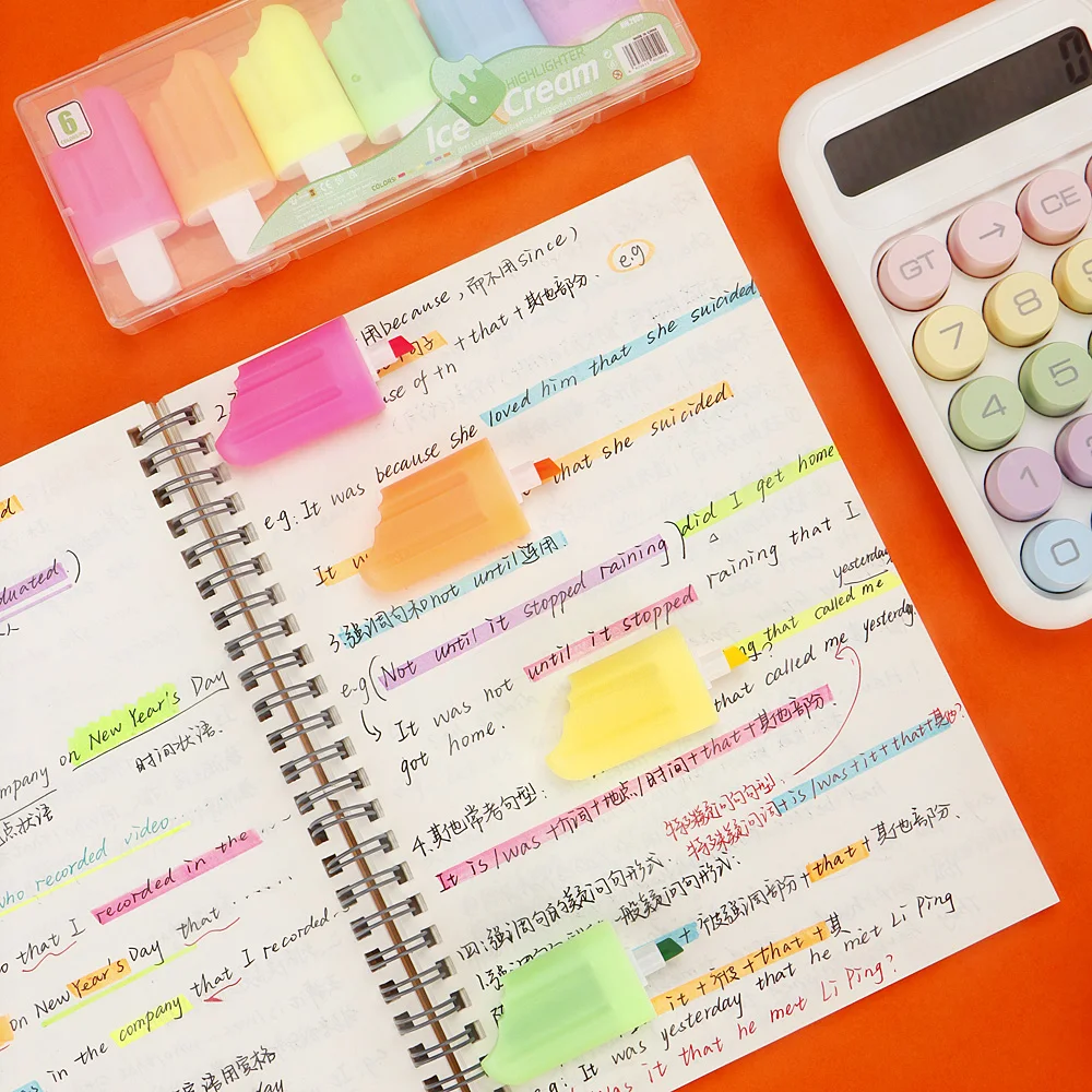 6 Pcs/Set Cute Ice Cream Shape Highlighters - Non-bleeding - For Study & Meeting Notes,Office & School Stationery.