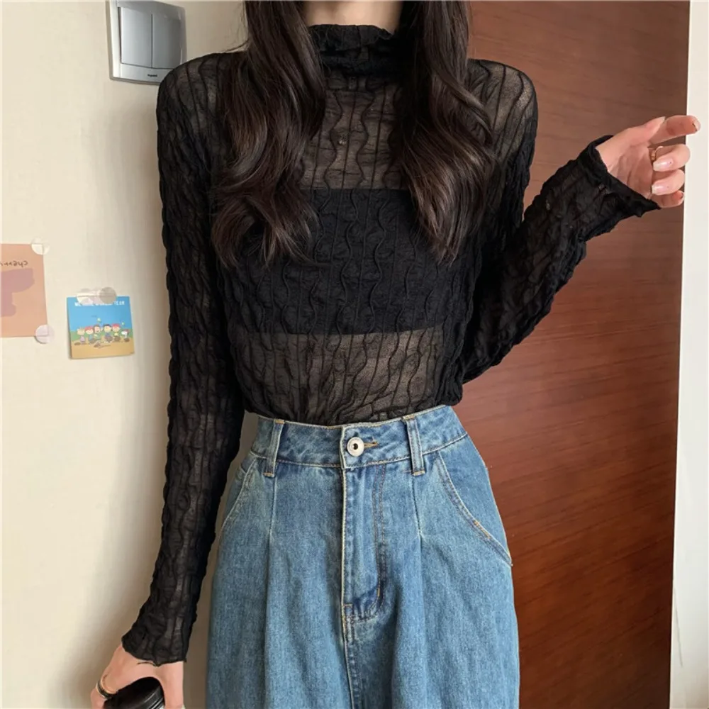 أزياء الصيف واقية من الشمس الدانتيل أعلى الحلو رقيقة شبكة منظور أعلى فضفاضة طويلة الأكمام جوفاء أعلى #2