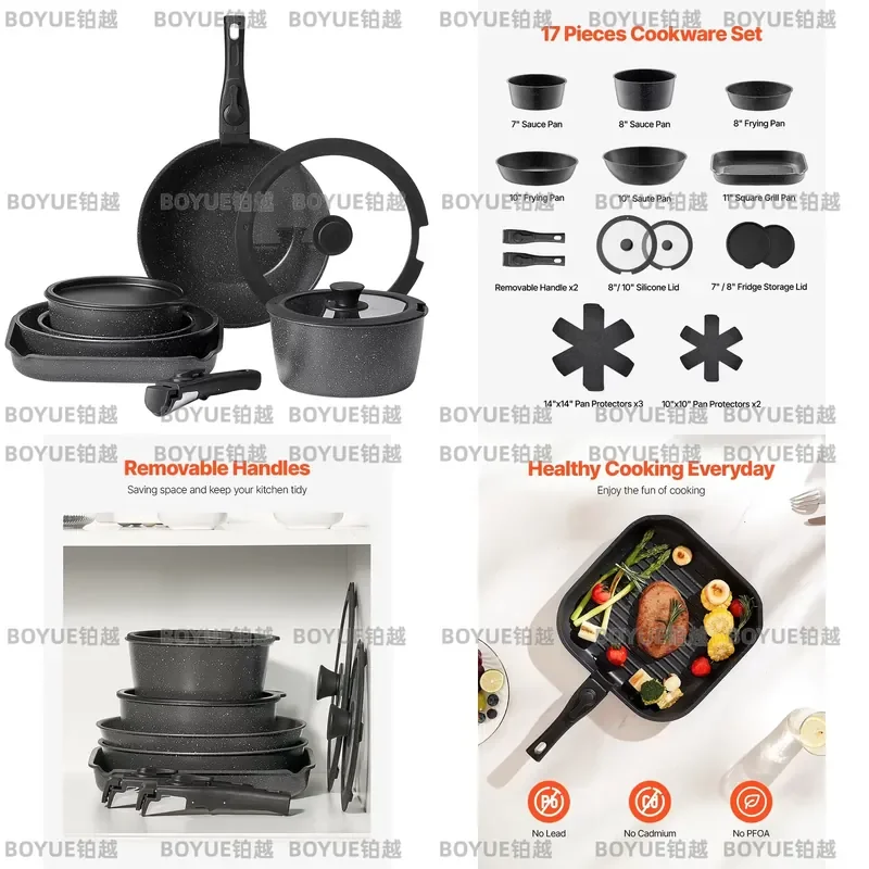 Granite Nonstick Cookware Set 17 Piece Pots and Pans Induction Compatible Kitchen Cooking Essentials with Frying Saute