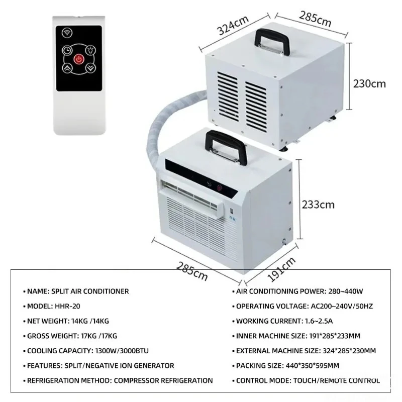 Split-type portable cooling unit with remote control, 3000BTU output, compact mobile air conditioner for car and small space use