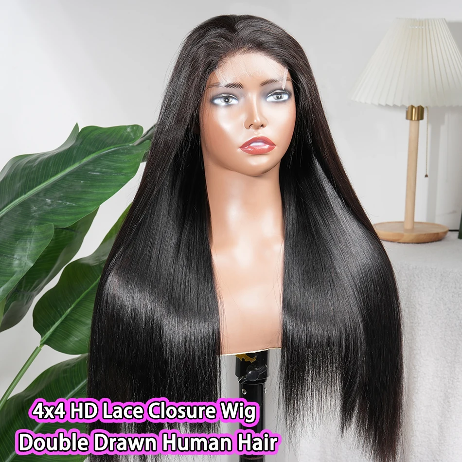 

Double Drawn Straight Human Hair Wigs 4x4 HD Lace Closure Wig Preplucked Lace 200% 250% Density Full Natural Raw Virgin Hair