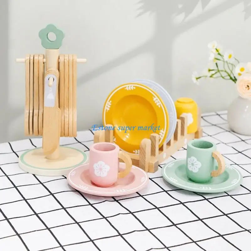 

090B Pretend Play Kitchen Set For Kids Ages 3+ Wooden Dishes Utensils Gift