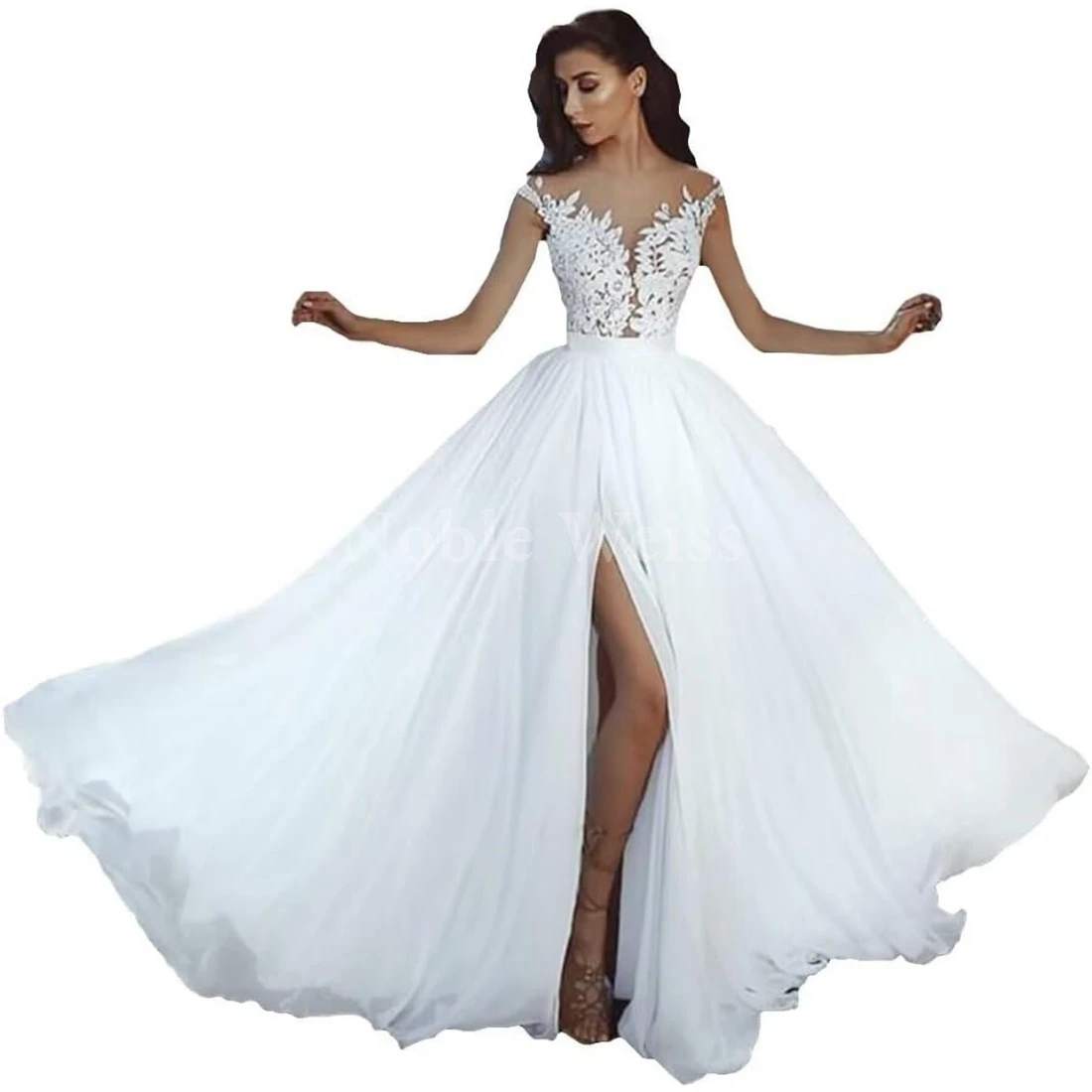 

Elegant Lace Appliques Wedding Dresses Bridal Gowns for Women Long Ball Gown Prom Dresses with Slit