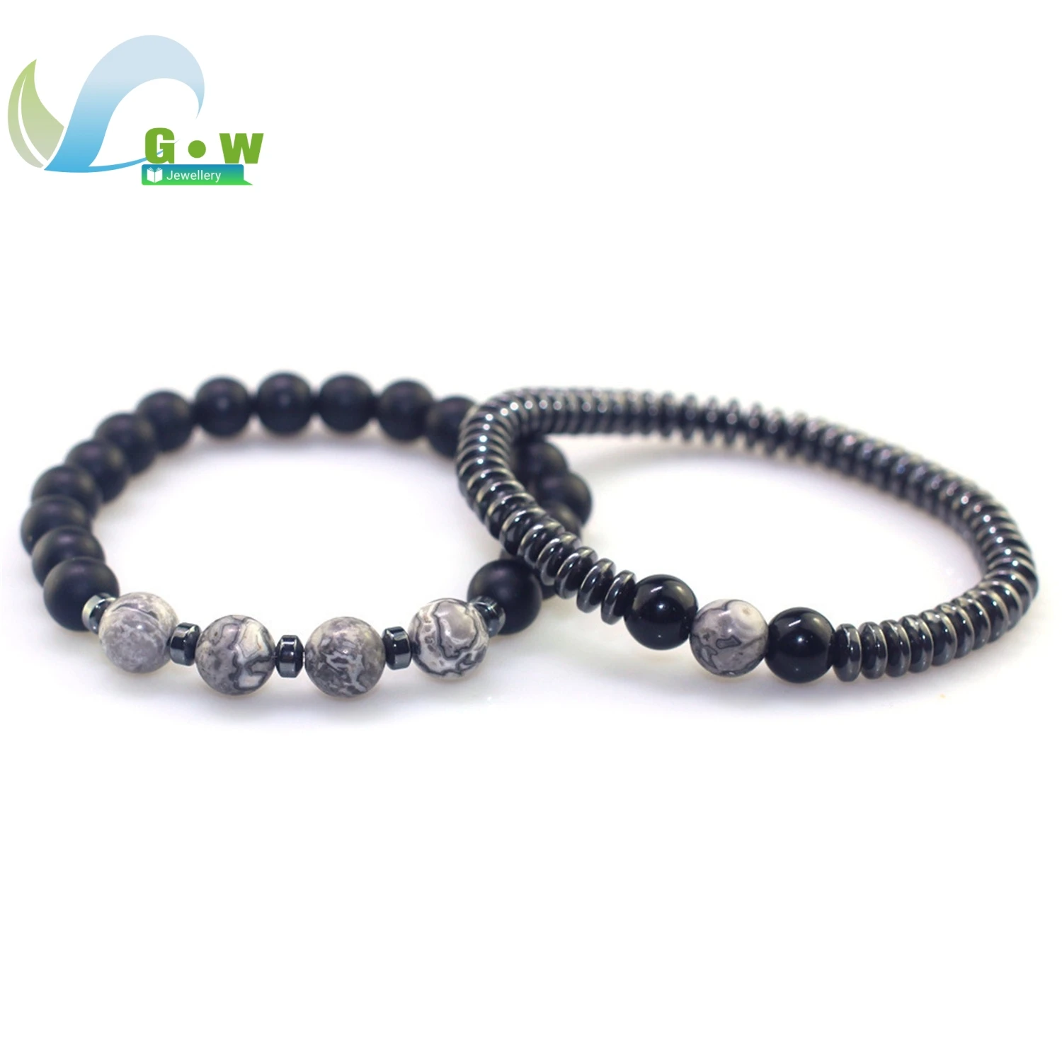 Stylish Mens Bracelet Set Matte Black Obsidian Map Stone Beads Combination 2-Piece Motivational Gift for Easter Birthday Women