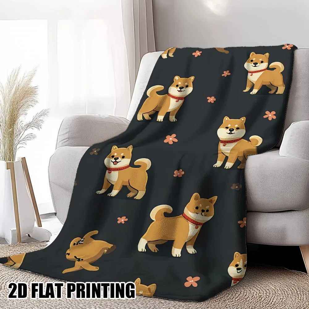 One Cozy Vintage 2D Flat Playful Shiba Inu Puppies Print Flannel Blanket – Soft, Warm, Great for Sofa, Bed, Car, Office, Camping, Travel – A Perfect Gift for Any Season
