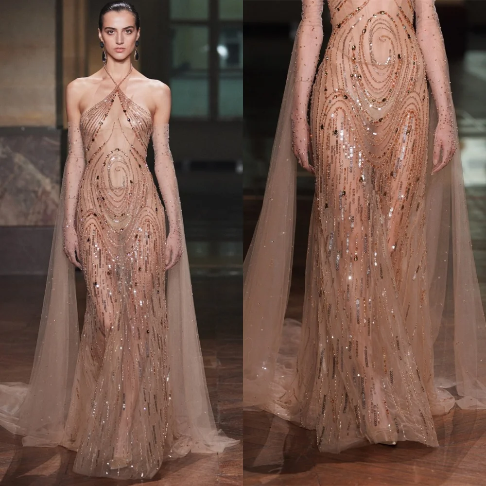 

Customized High Quality Tulle Evening Dresses Exquisite Halter Sleeveless Celebrity Gowns Fashion Special Occasion Gowns