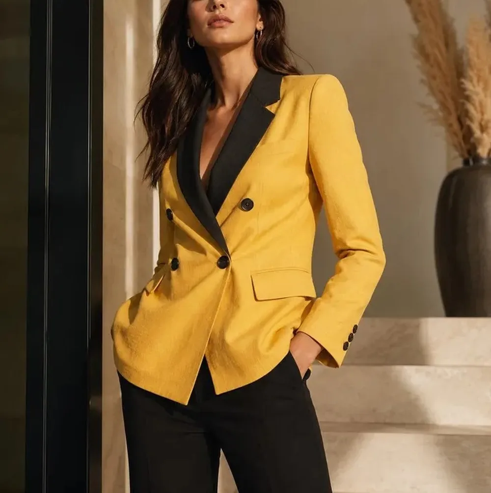Yellow And Black Formal Business Women Suit Wedding Party Prom Ladies Mother Girl Tuxedos Costume 2 Piece Set Jacket Pants