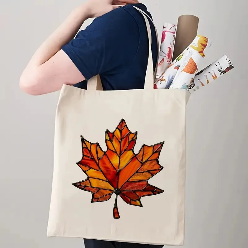

Большая сумка с узором кленового листа Эстетические сумки для покупок Продуктовая сумка для покупок, школьная сумка через плечо, удобная для ежедневных путешествий