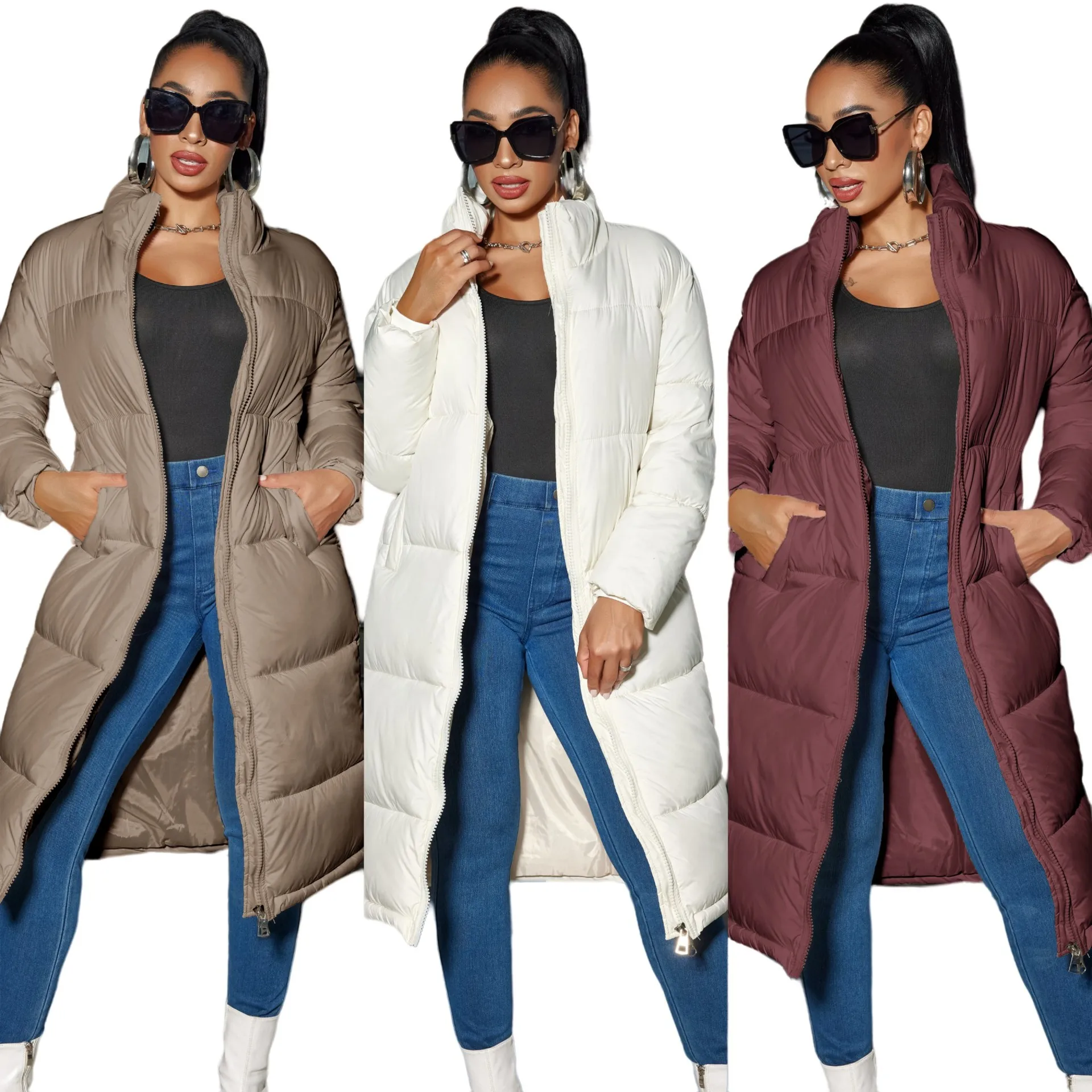 European Winter New Fashion Women’s Solid Color Stand Collar Casual Trendy Simple Basic Long Quilted Coats Female Parkas Tops