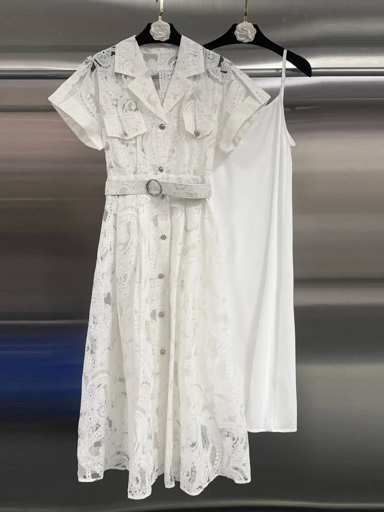 DFDG Abito lungo da donna in pizzo ricamato giallo semplicità 2025 per le vacanze Boho Chic Designer Elegante abito lungo primavera estate