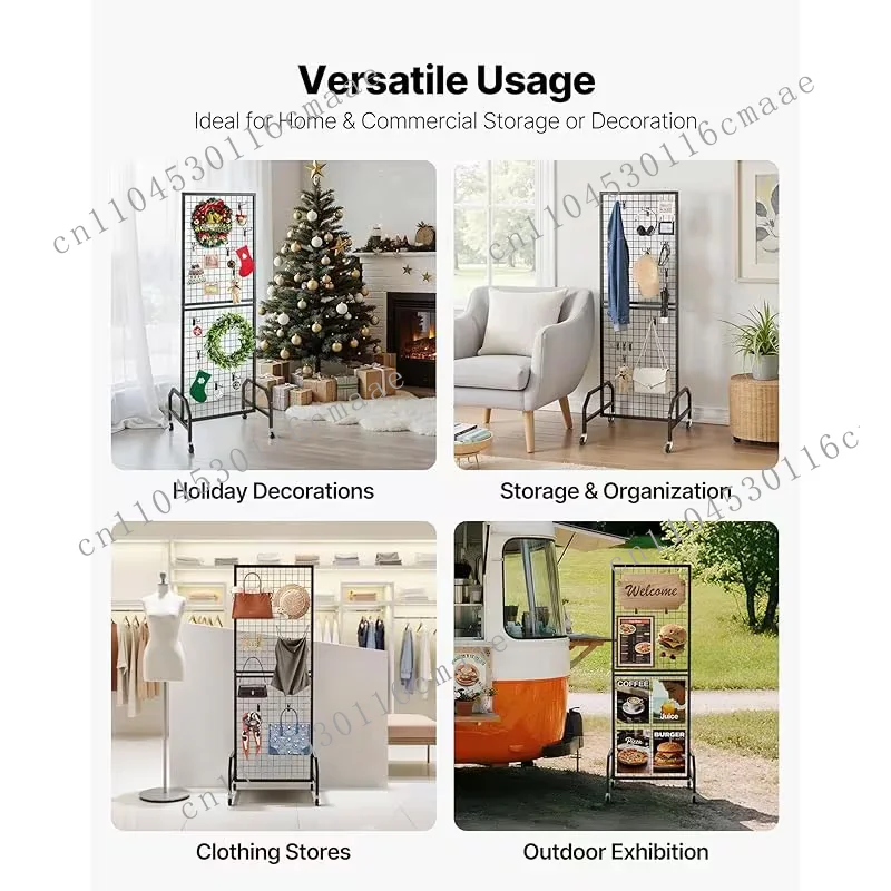 Heavy Duty Mobile Display Stand Grid Wall Panels with Fixed Wheels and 10 Hooks