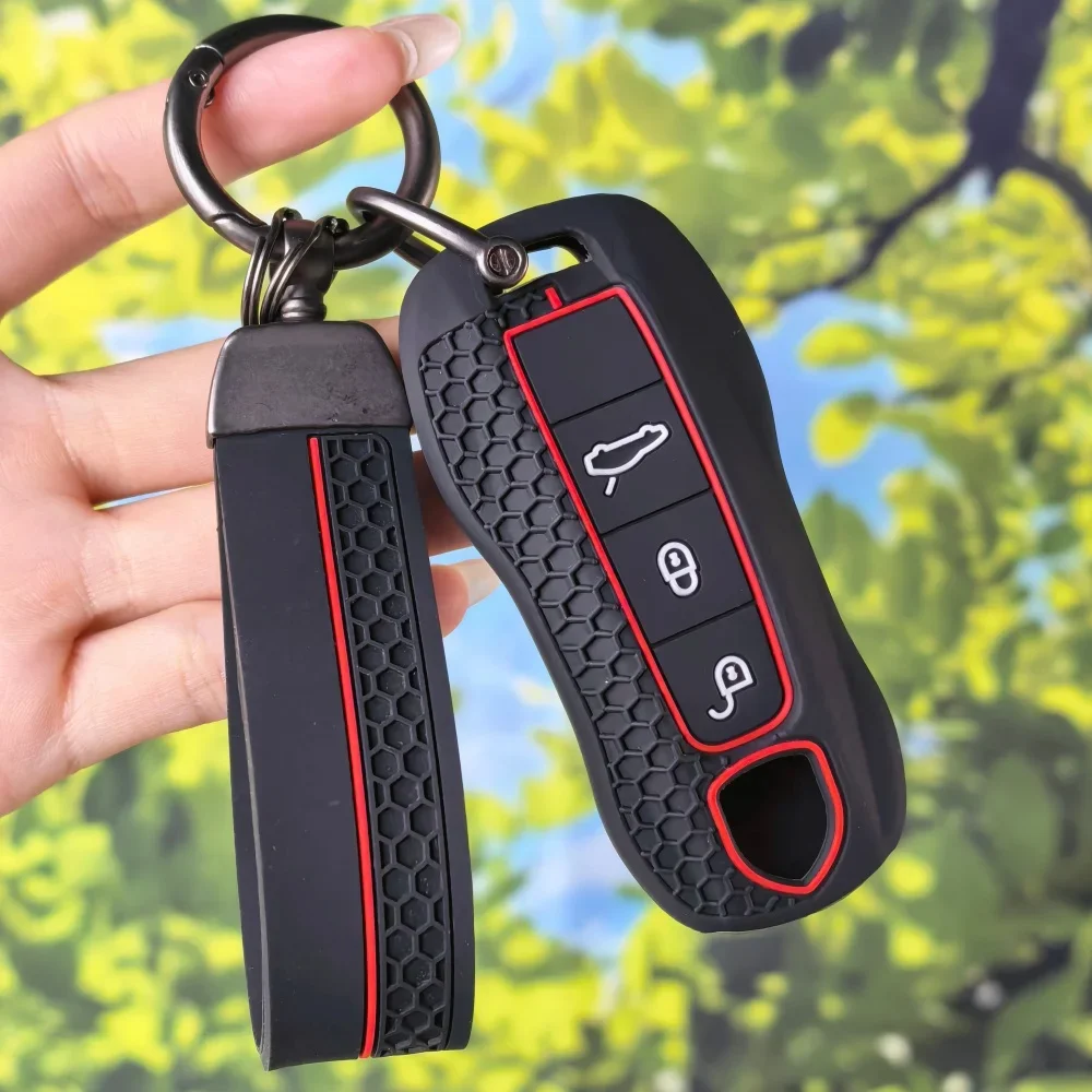Honeycomb‑Texture Silicone Key Fob Cover With Keychain Chain For Porsche Panamera Cayenne 971 911 9YA Macan Boxster