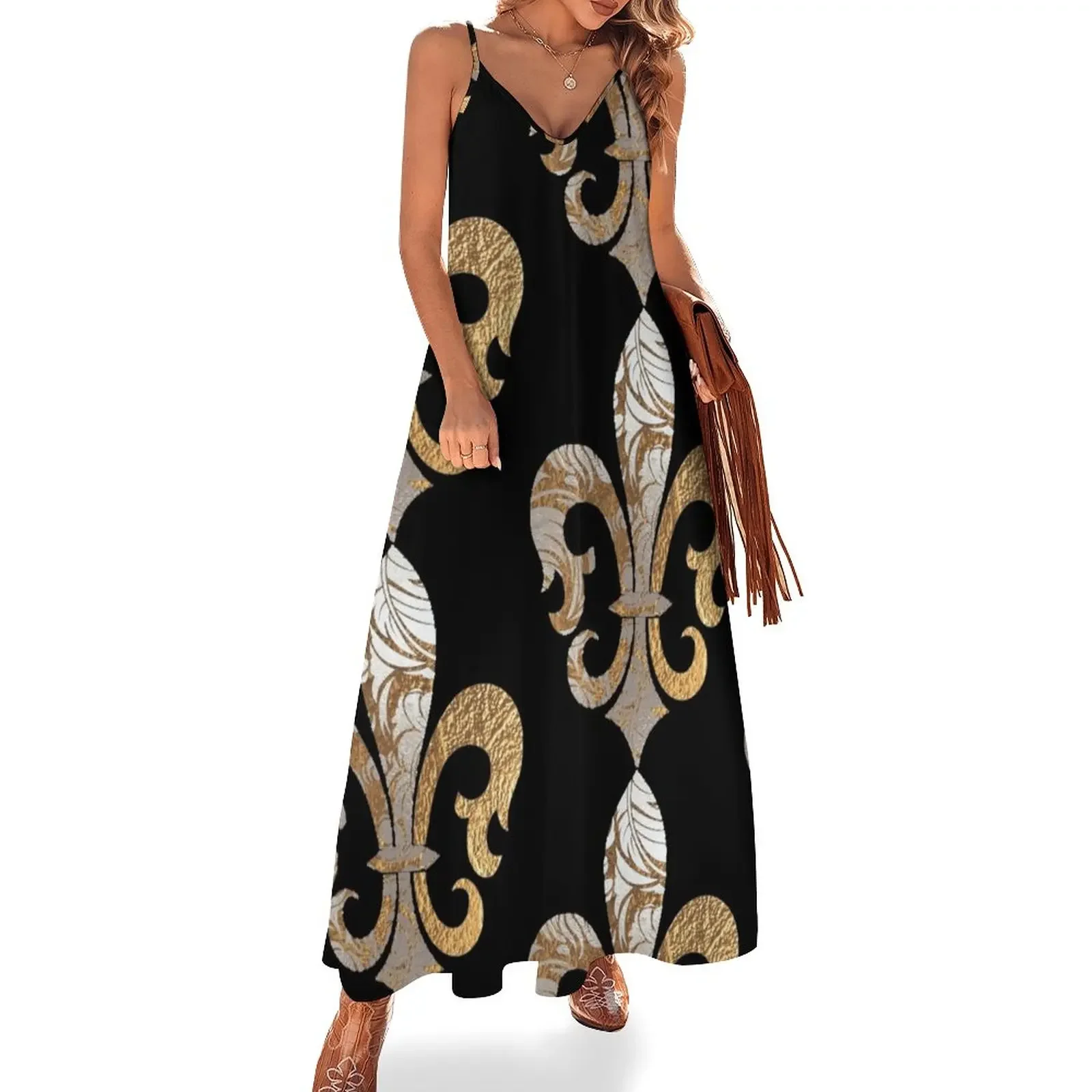 

Fleur de Lis, Faux Silver+Gold Damask Sleeveless Dress summer dresses women formal occasion dresses long dress women summer