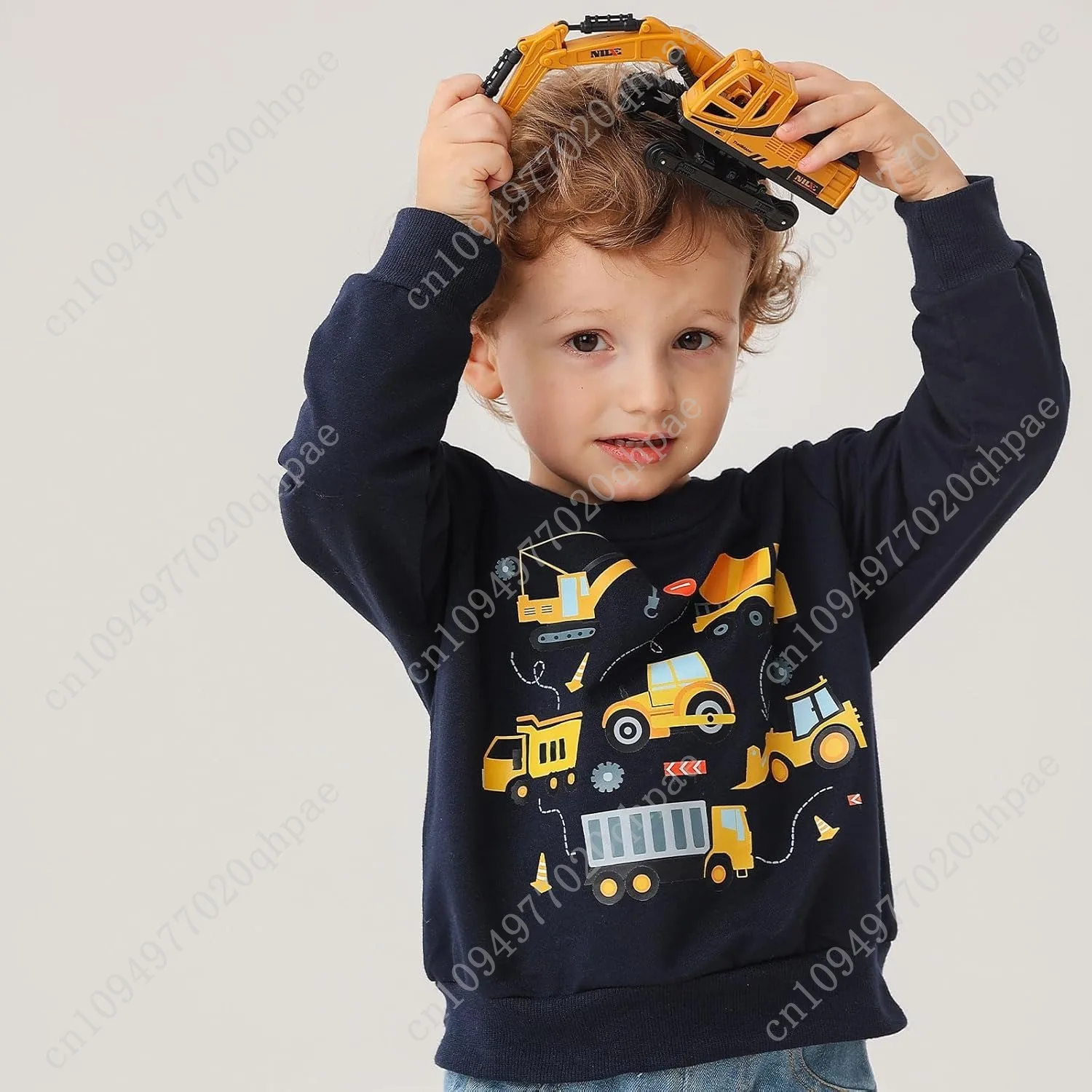 ฟันนี่โคคิดเสื้อสเวตเตอร์เด็กผู้ชาย เสื้อสเวตเตอร์เด็ก รถบรรทุก งานก่อสร้าง คอกลม 2-6 ปี