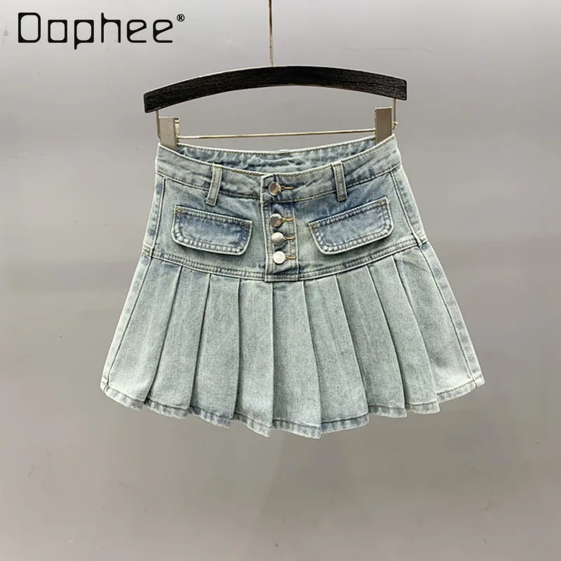 

Korean Fashion Single-breasted Pleated Skirt Women High Waist A Line Slim Denim Mini Skirt Blue All Match Chic Jeans Skirt