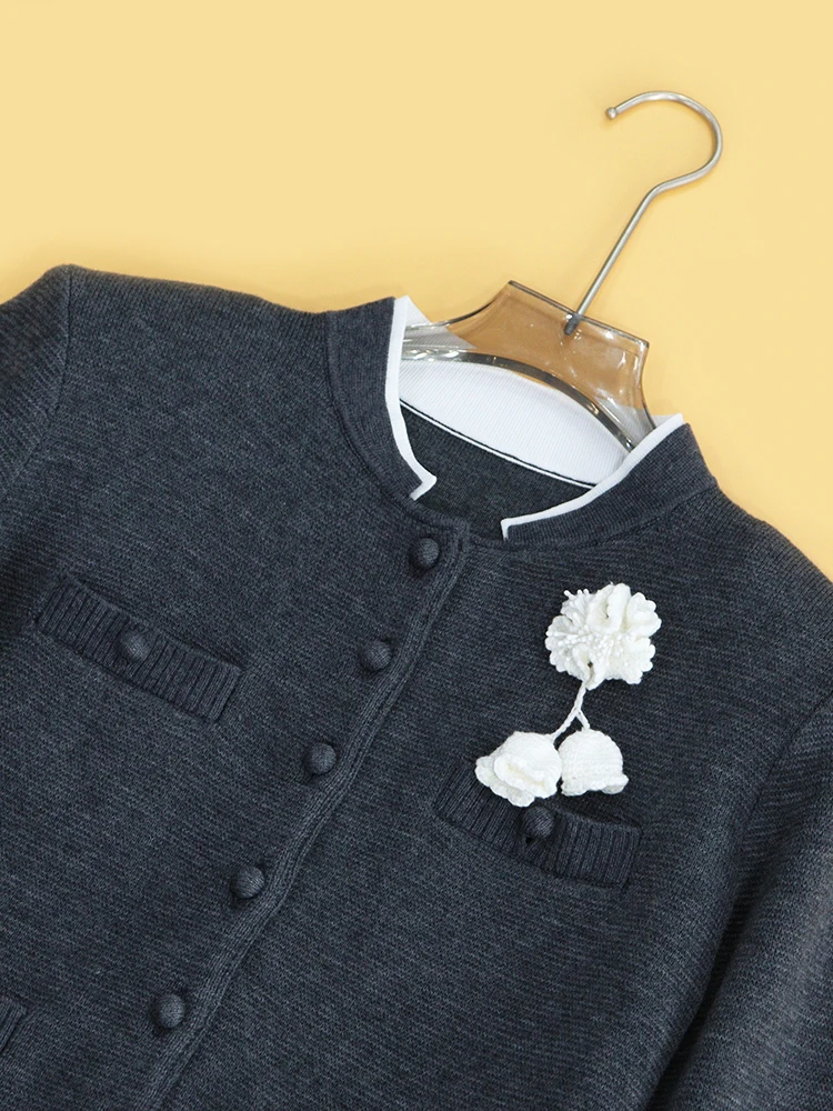 Heidd High-End ey Lange Sve Gebreide Trui Herfst 3D Bloem Kleine Opstaande Kraag Casual Sle Polyestervezel Warmte Verwarming