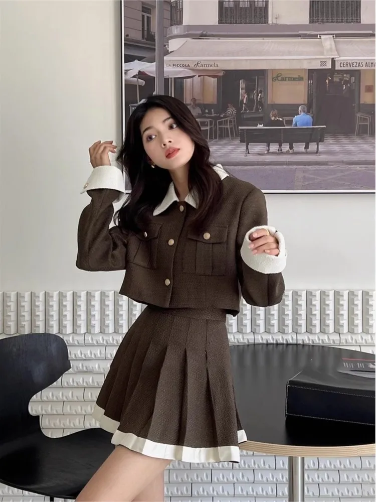 Korea Chic 2 Piece Set Women Autumn Winter Fashion Turn-Down Collar Single Breasted Short Top High Waist Pleated Skirt Outfits