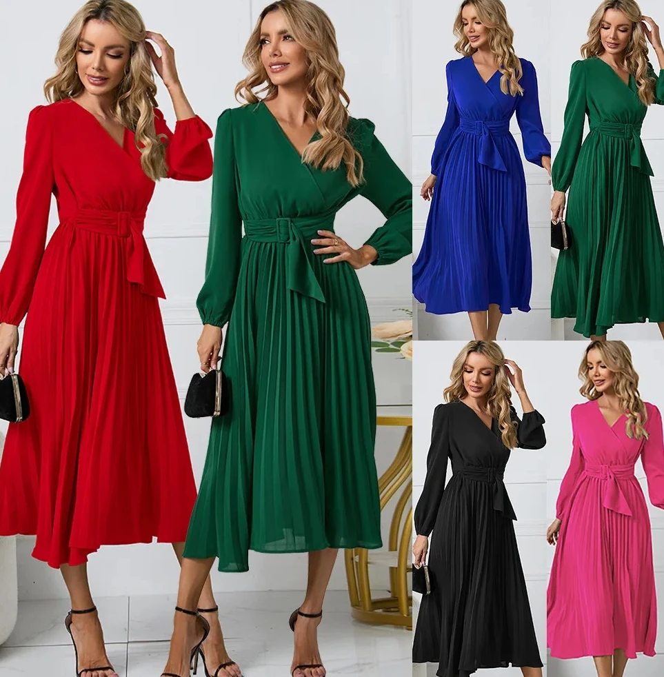 

Женское вечернее коктейльное платье с v-образным вырезом и длинными рукавами, плиссированное платье миди с поясом и запахом на талии, элегантное