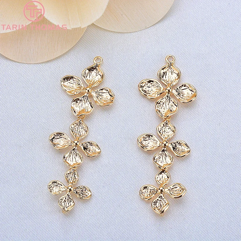 (727)4PCS 42x15MM 24K Champagne Gold Color Plated Brass Double Flower Charms Pendants High Quality Diy Jewelry Accessories