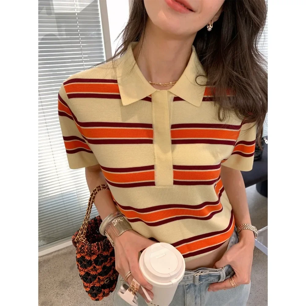 Women Striped Knit Polo Top Short Sleeve Cropped Fit Collared Casual Breathable Soft Flattering Daily Streetwear Comfy Summer