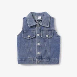 PatPat Toddler Boy/Girl Avant-garde Letter Lapel Denim Vest Soft and Comfortable  Perfect for Outings and Daily Wear Basic Style