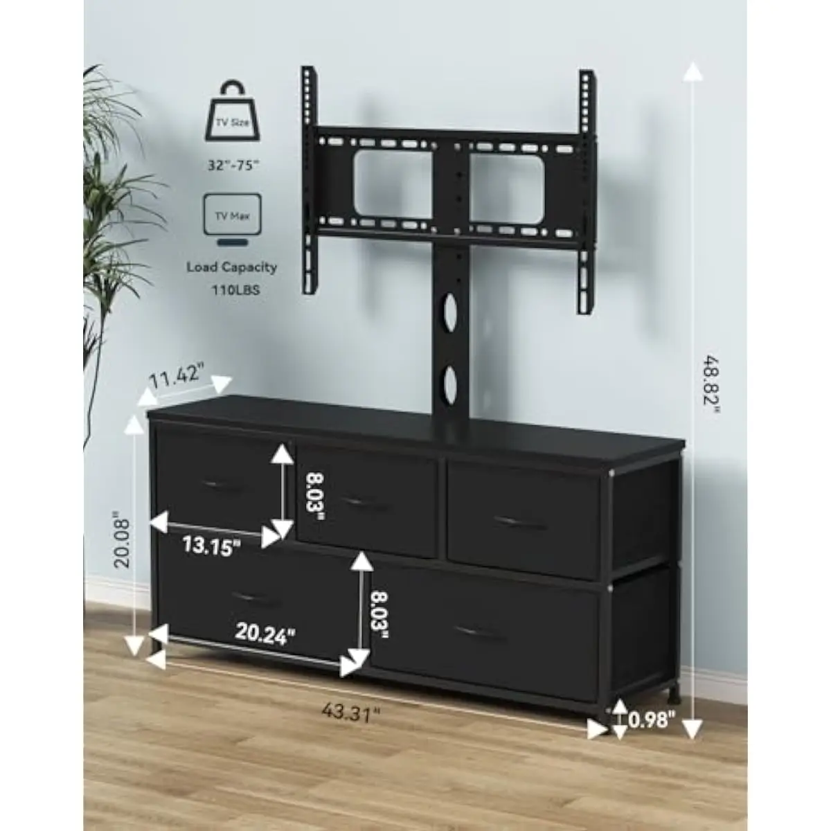 TV Stand Dresser with Adjustable Mount and Five Fabric-Trimmed Drawers for 32–75 Inch Screens • Modern Black Entertainment Conso