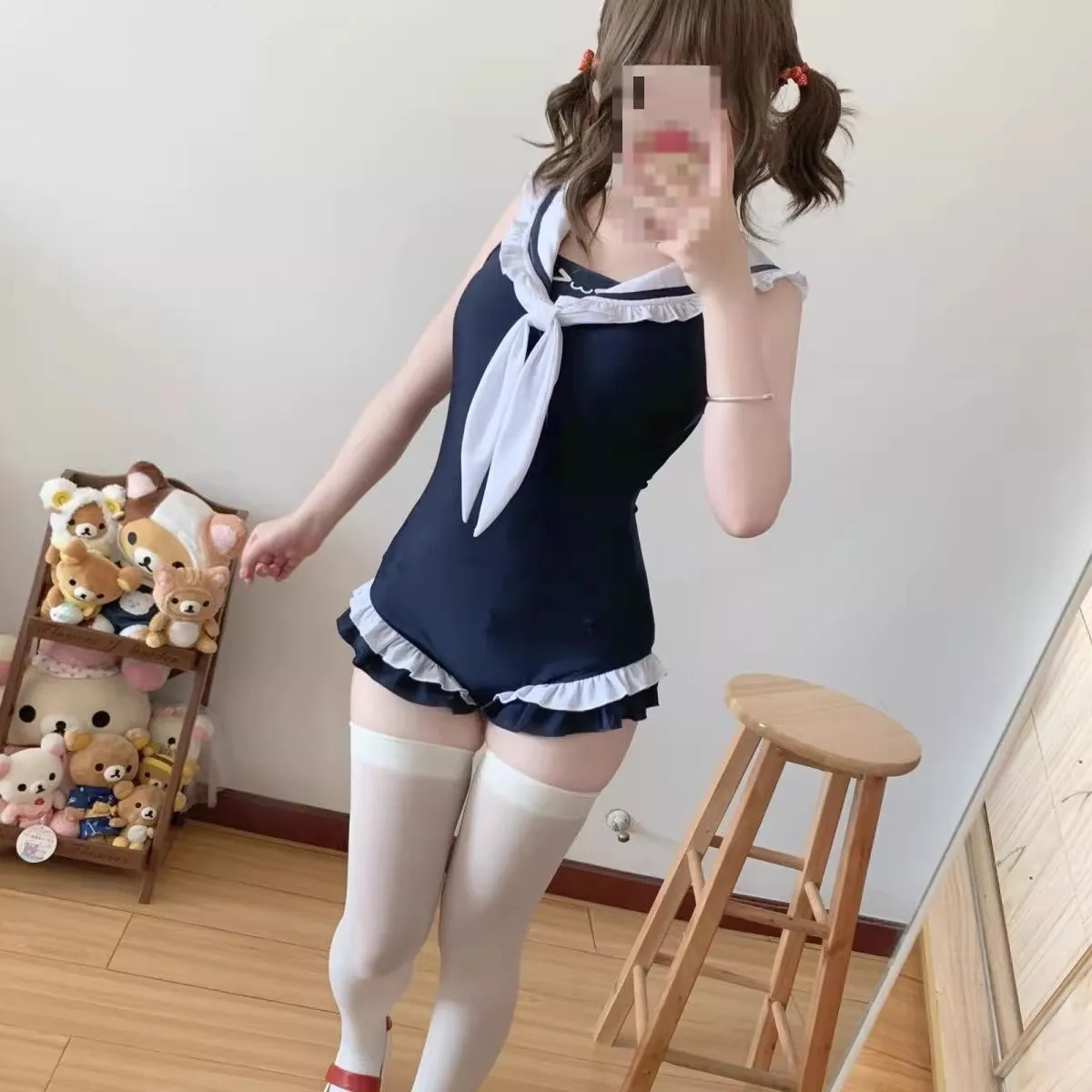 Schulmädchen, Matrosenkragen, Badebekleidung, Bikini, Rüschenkante, einteiliger Monokini, Push-Up-Mädchen, gepolstert, Strandkleidung, Schwimmen, Sommer