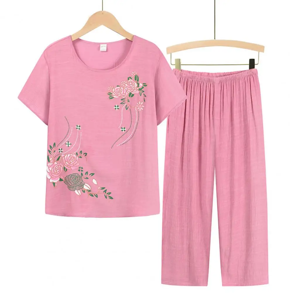 Summer Women Homewear Set Short Sleeve Floral Print T-shirt Pants Loose Two Pieces Set Outfit for Middle-aged