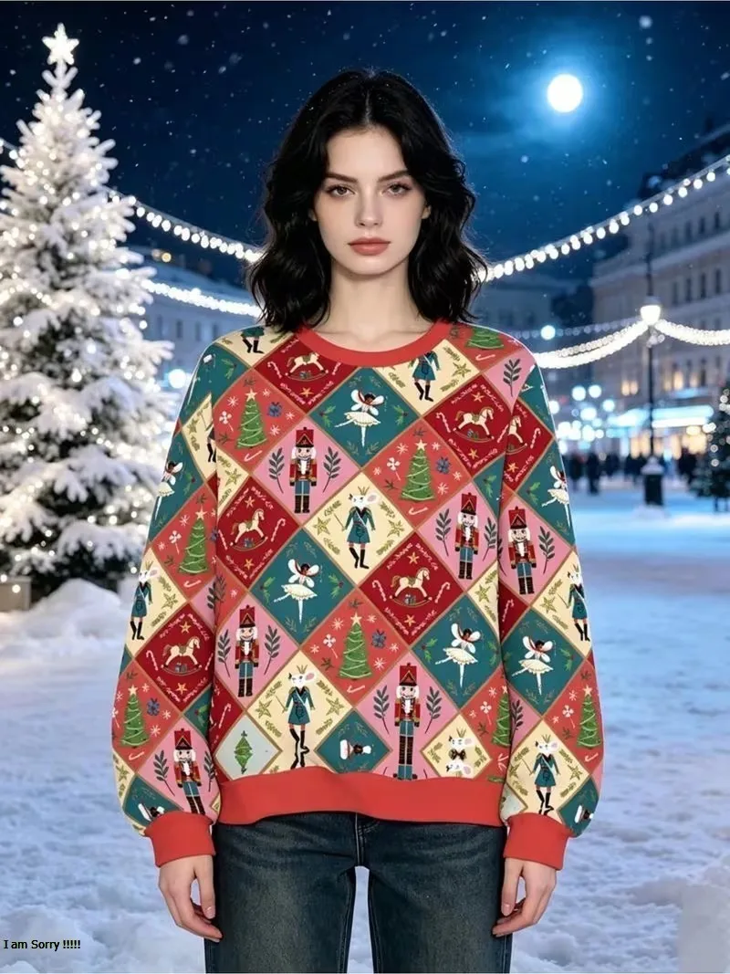 Women's long sleeved round neck casual hoodie, 3D Christmas element printed fashionable pullover, autumn new hoodie