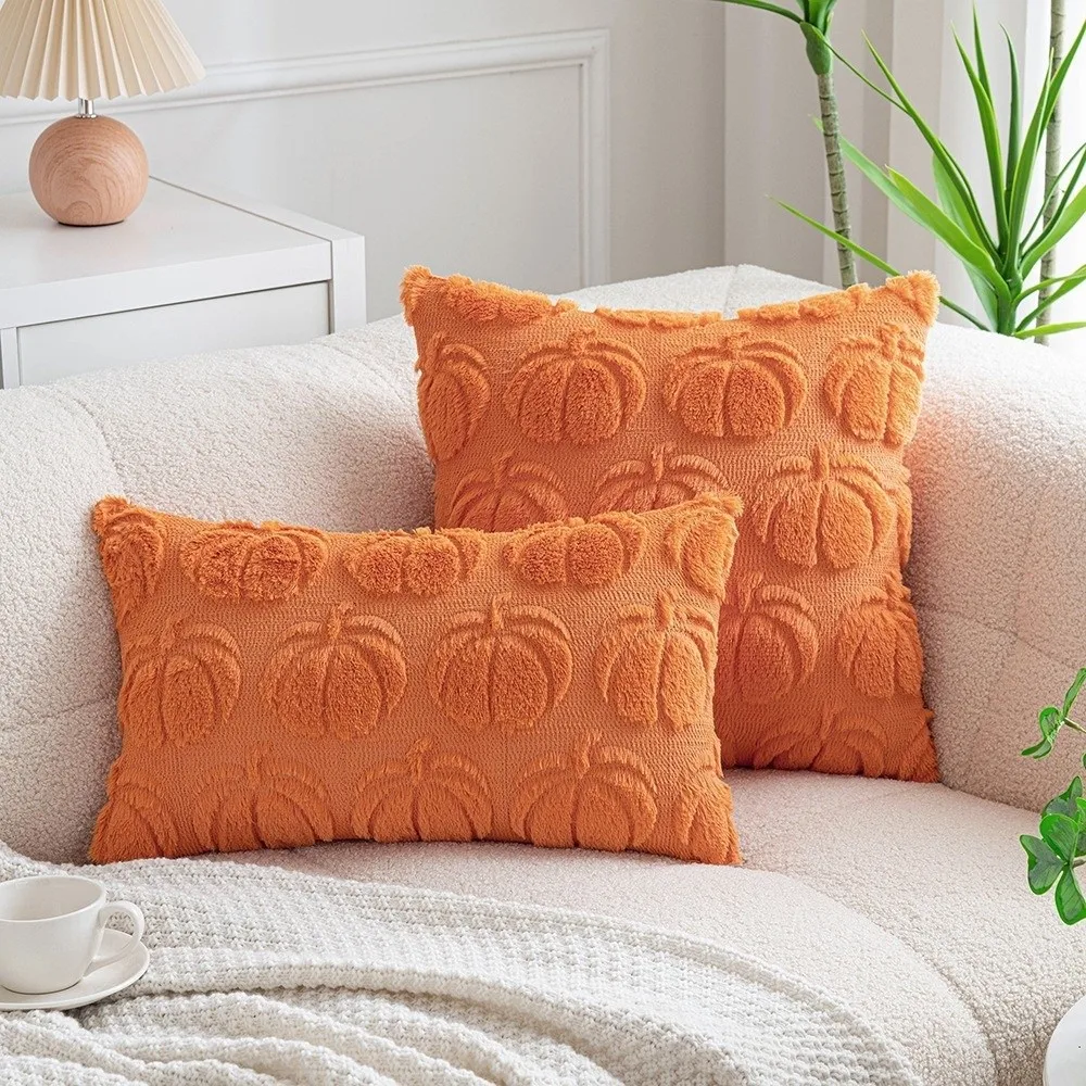 18x18 Inches Throw Pillow Covers Pumpkin Pattern Soft Fabric Faux Wool Cushions Faux Wool Material Embroidery Details