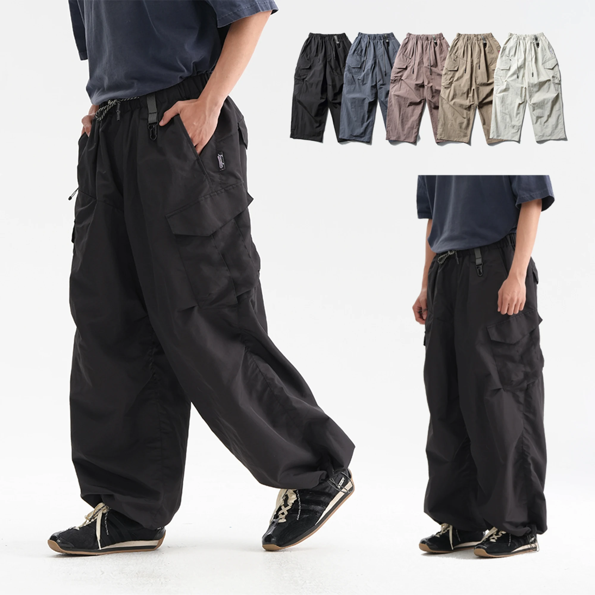 Men Women Loose Fit Cargo Pants Ripstop Water-Repellent with Multi-Pockets Adjustable Cuffs Carabiner Outdoor Streetwear