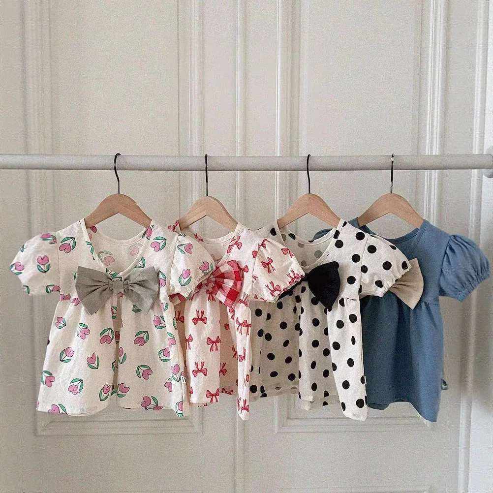 Korea Fashion Black Dots Girls Dress Summer Puff Sleeve A-line Patch Bows Princess Cotton Dresses 1-5Y Children Leisure Outfits