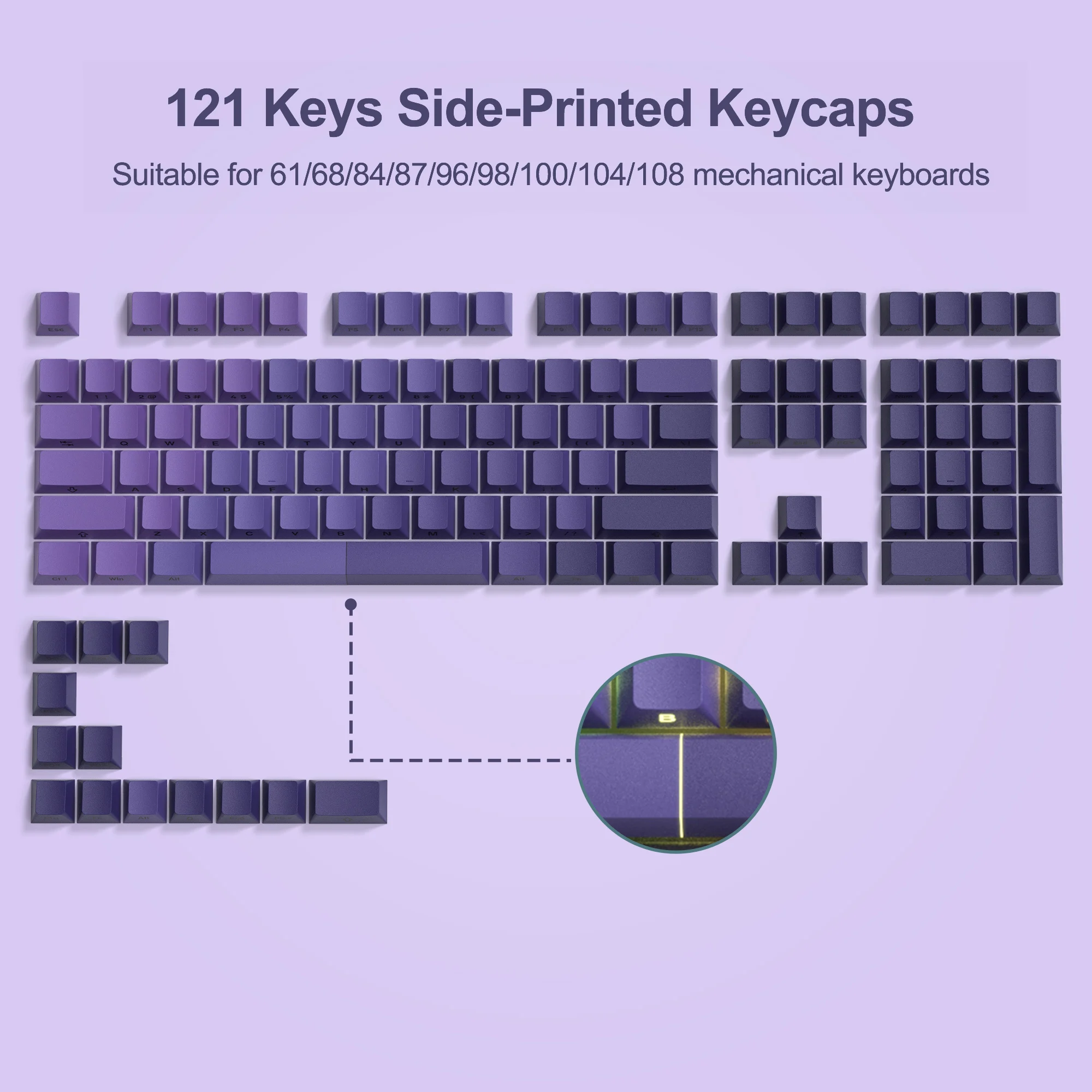 Imagem -02 - Gradiente Roxo Pbt Duplo Tiro Lado Impressão Keycaps Brilhar Através de Backlit Teclado Mecânico mx 108 87 84 64 61 108