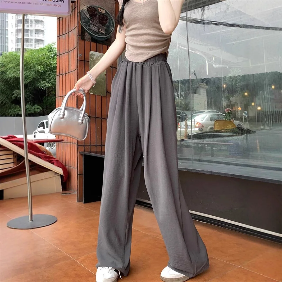 Summer Women Sweet Colorful Ice Silk Pants Lady Baggy Versatile Elastic Straight Leg Trousers Female Wide Leg High Waisted Pants