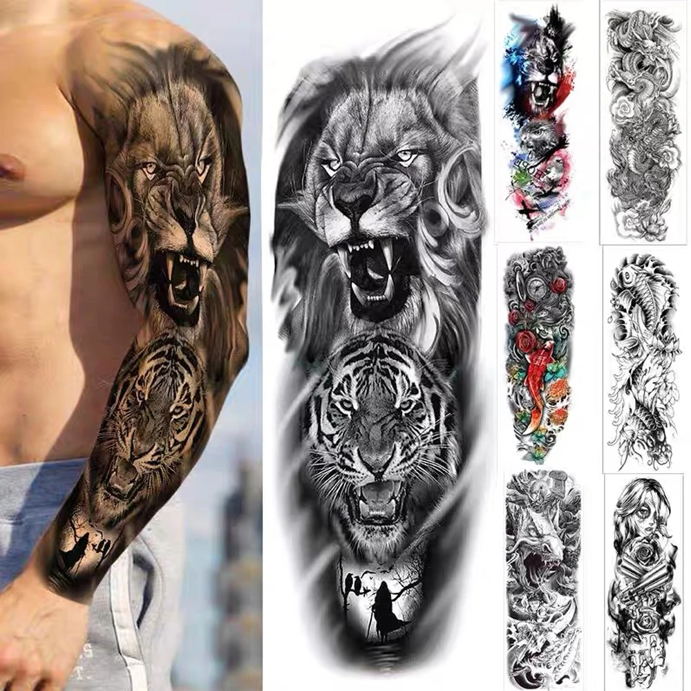 Tatuajes Temporales impermeables para hombres y mujeres, pegatina de tatuaje falso, arte de transferencia negra, cuerpo, brazo, bosque, León, Tigre, oso