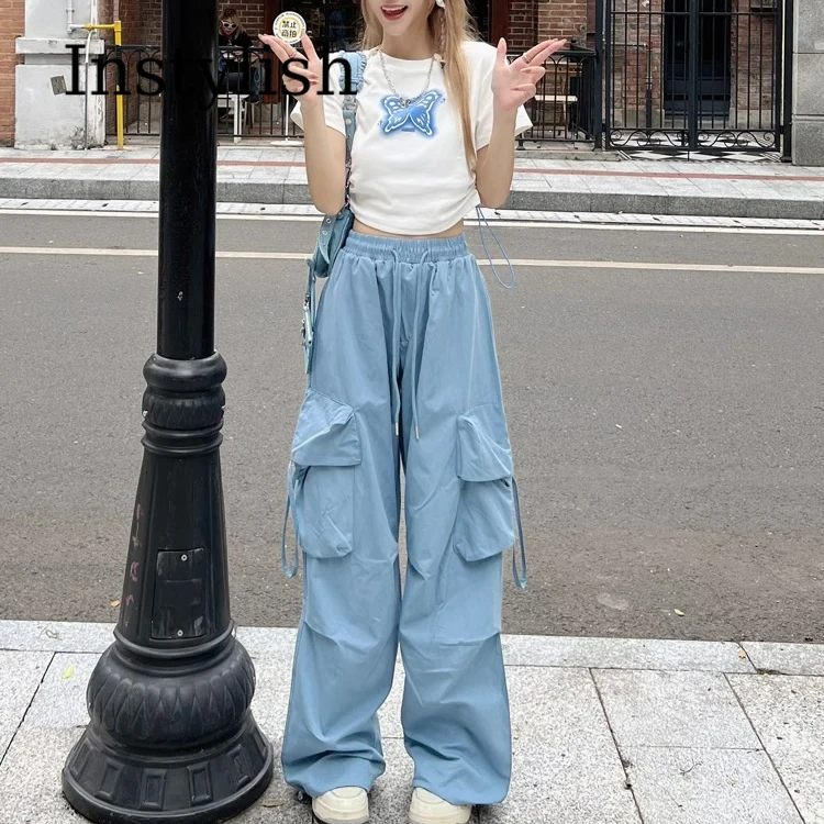 Amerikanische Damen-Overalls im Retro-Stil, schnell trocknend, für den Sommer, hohe Taille, gerade geschnittene, weite Beine, lockere, lässige, bodenlange Hosen im Trend