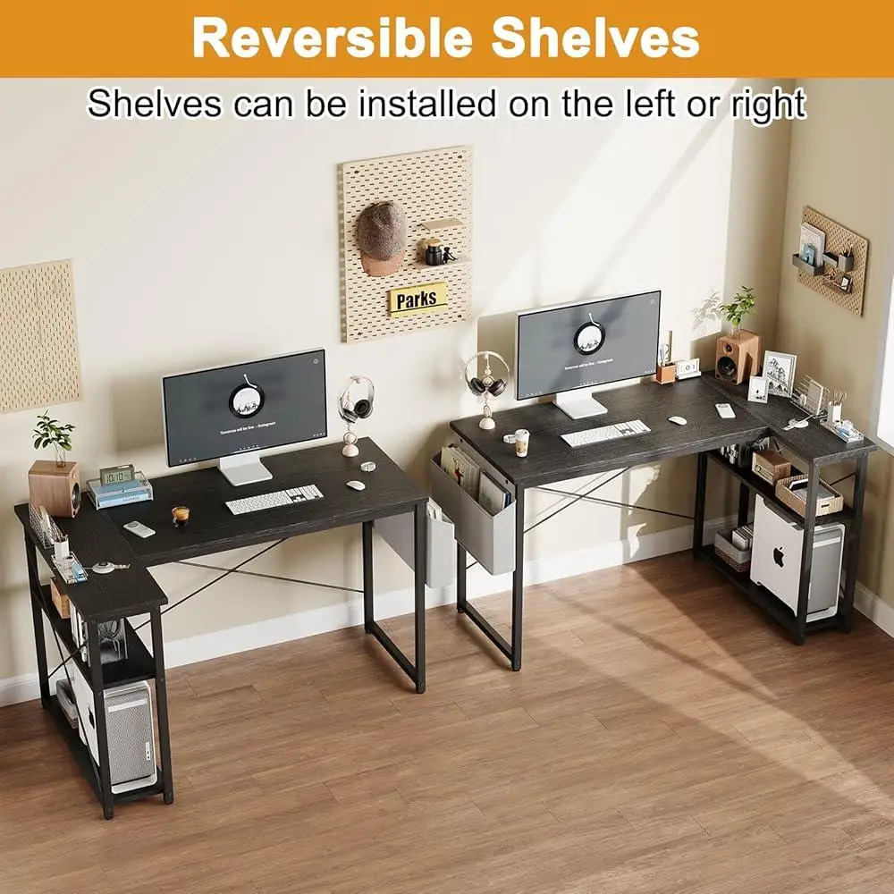 Scrivania a forma di L con ripiani e borsa portaoggetti Tavolo angolare per computer Workstation da gioco Studio per ufficio domestico