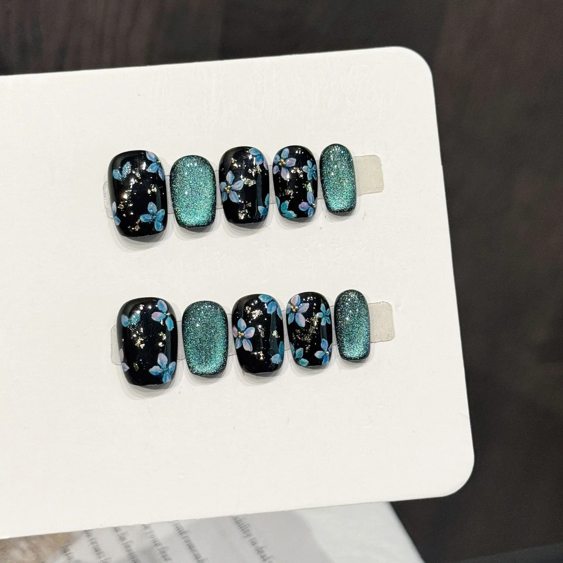 10 PCS Handmade Press on Nails Short Square Blue Flower with Black Background Design with 3-PIECE Tool Adhesive Nail Glue Tabs