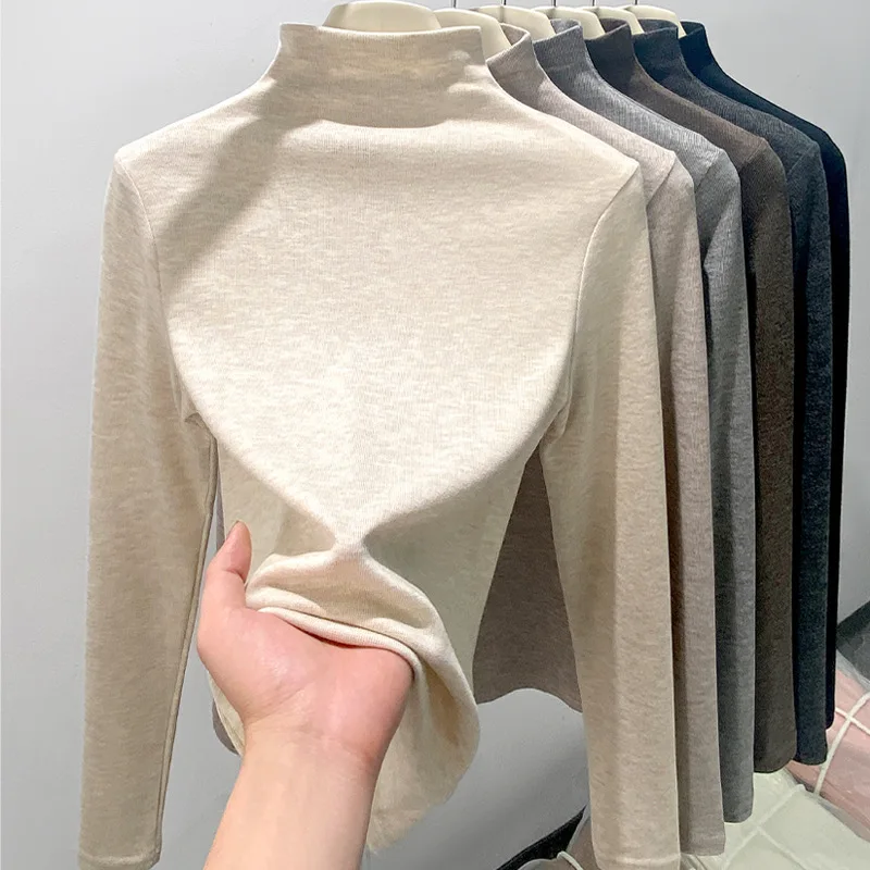 Fashionable Women's Slim Fit Long Sleeve Fleece Lined Half High Neck Base Shirt Autumn Winter Warm Pure Color Versatile Top