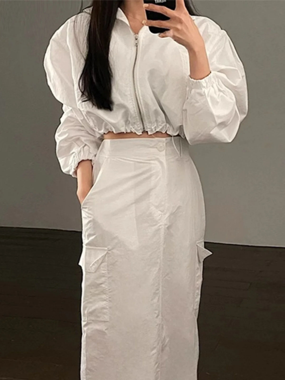 

Ele Korean Sle ort Zipper Sun Protection Jaet with Dstring Skirt Set for Women Chic Stand Collar Outerwear