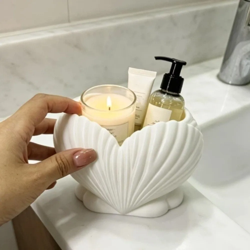 3D Printed Shell Shape Toothpaste Toothbrush Holder Aesthetic Coastal Style Heart Shell Desk Organizer Plastic Stable Base