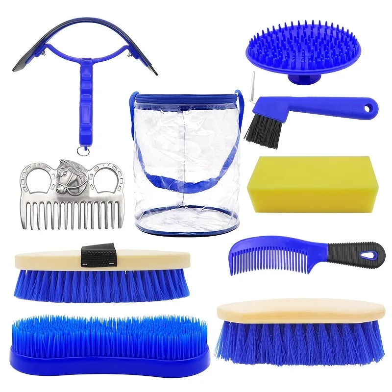 Horse Care Kit, A Full Set of 9 Horse Bath Cleaning Tools, Including Brushes, Combs, and Sweat Scraping