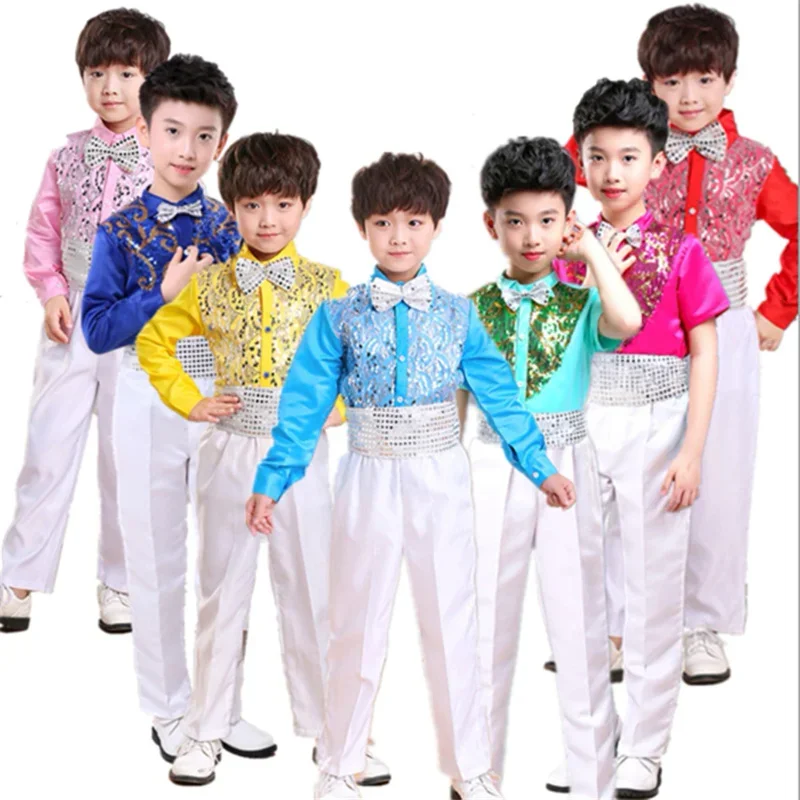 Disfraz de baile con lentejuelas para niños, uniforme escolar con coro, 9 colores, 110-180CM