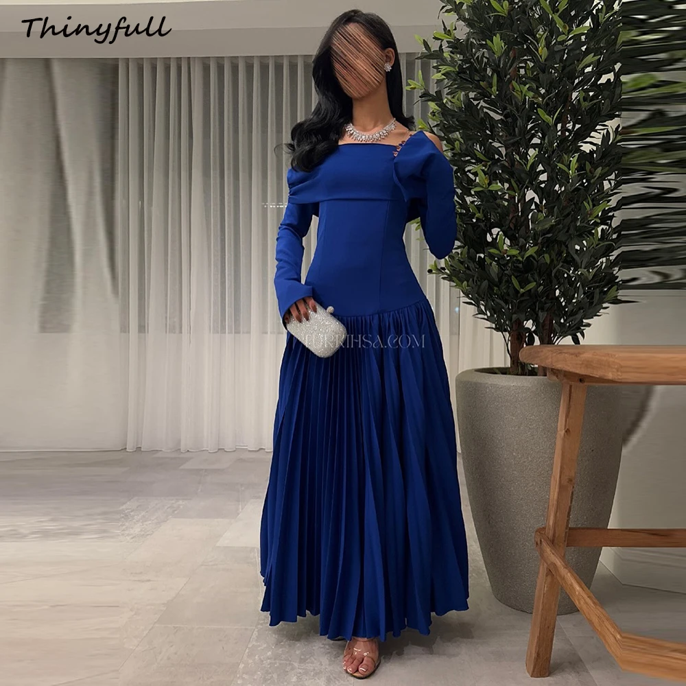 

Thinyfull A-line Satin Off Shoulder Arab Prom Dresses Full Sleeves Ruched Evening Gown Formal Dress Robe De Soirée Customized ﻿