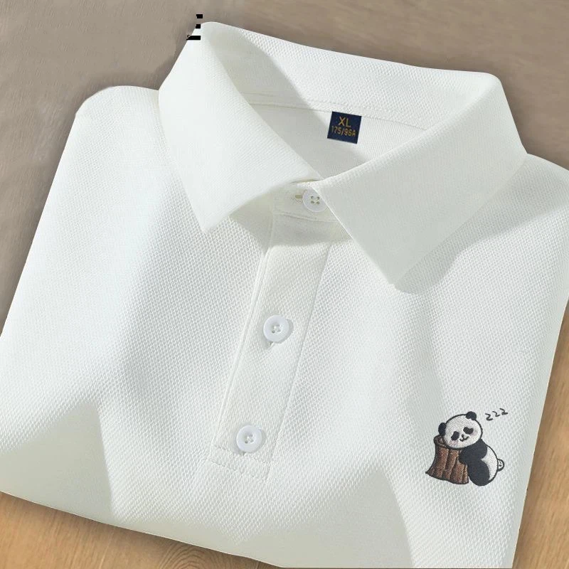 Men's Cute Panda Embroidered Polo Shirt Three-Proof Tech Short Sleeve Cool Breathable Casual Youth Top